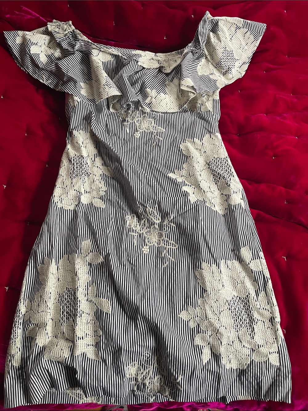 Ralph Lauren Striped Dress with Ruffled Neck/Embroidery.
